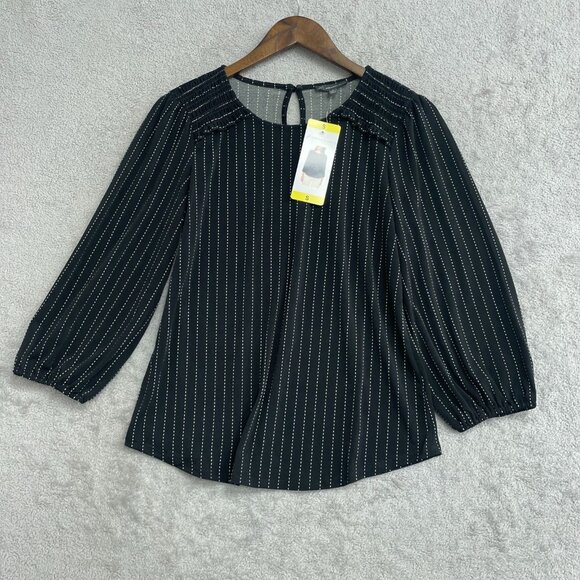 NEW Adrianna Papell Women's S Black & White Striped Long Sleeve Blouse Polyester - Picture 2 of 10